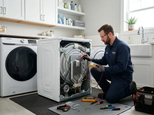 Appliance Repair Hero technician checking a dryer heating element with the rear panel off in Barnesville, MD