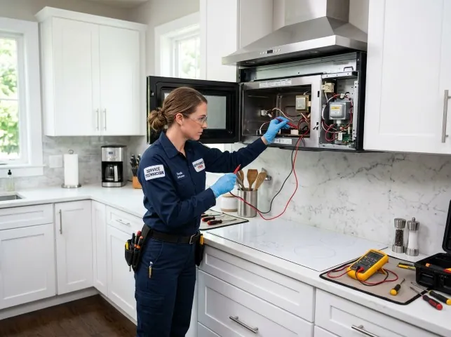 Appliance Repair Hero technician testing an over-the-range microwave in a Barnesville, MD kitchen